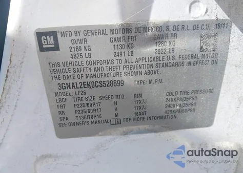 2012 Chevrolet Captiva Sport 2Ls из США, поврежденный, VIN 3GNAL2EK0CS528899